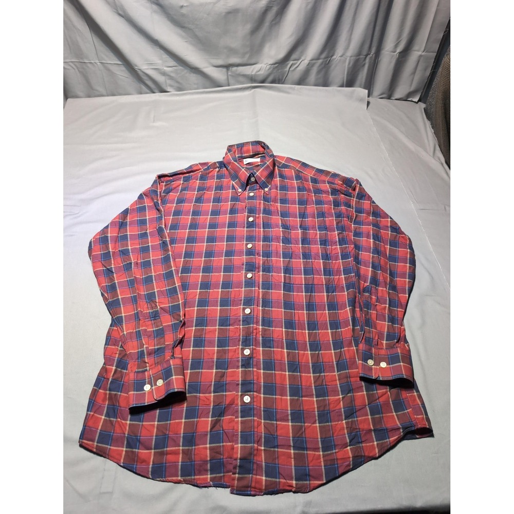 Bullock & Jones Shirt Mens Large Red Blue Plaid Button Down Made in‎ USA Classic